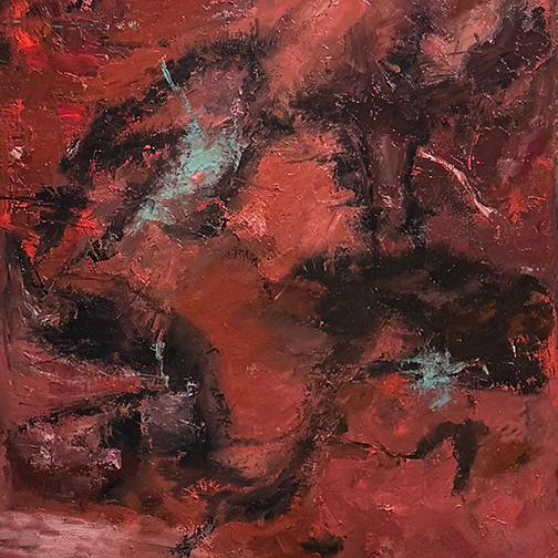 Red abstract painting with touches of black and white.