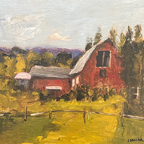 A classic rural scene with a red barn and farmhouse.