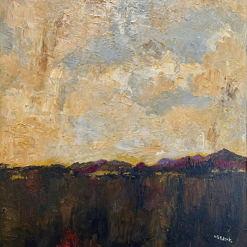 An abstract landscape with the colors of a smoke filled sunset done with heavy palette knife paint strokes.