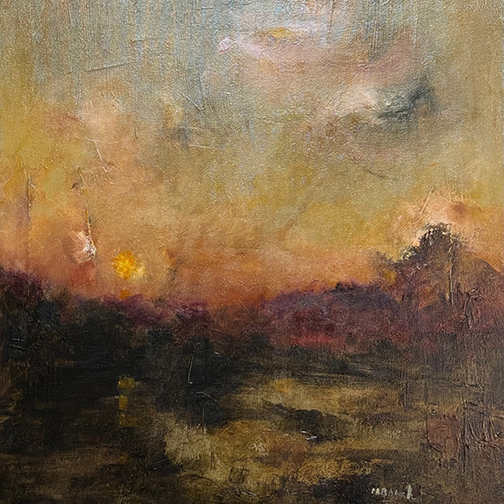Warm colored abstract landscape with heavy thick brush work.